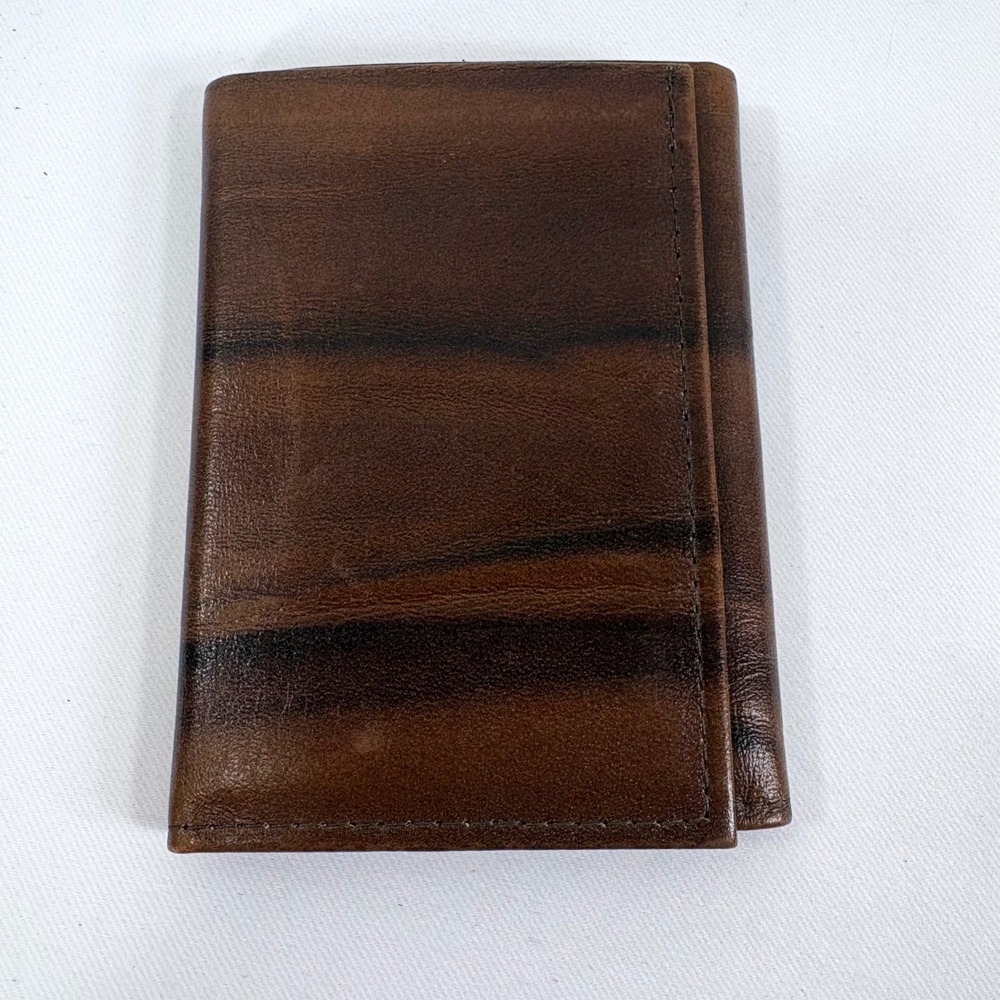 Amity Trifold Wallet Brown Cowhide Leather Striped Patina Herringbone Lining VTG